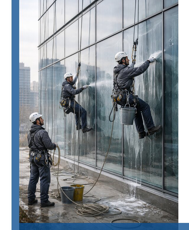 Промышленная мойка панорамных окон на высоте в Надыме