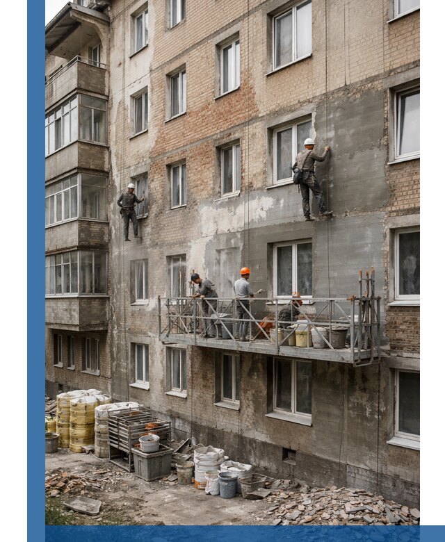 Капитальный ремонт фасада в Надыме с восстановлением и гидроизоляцией