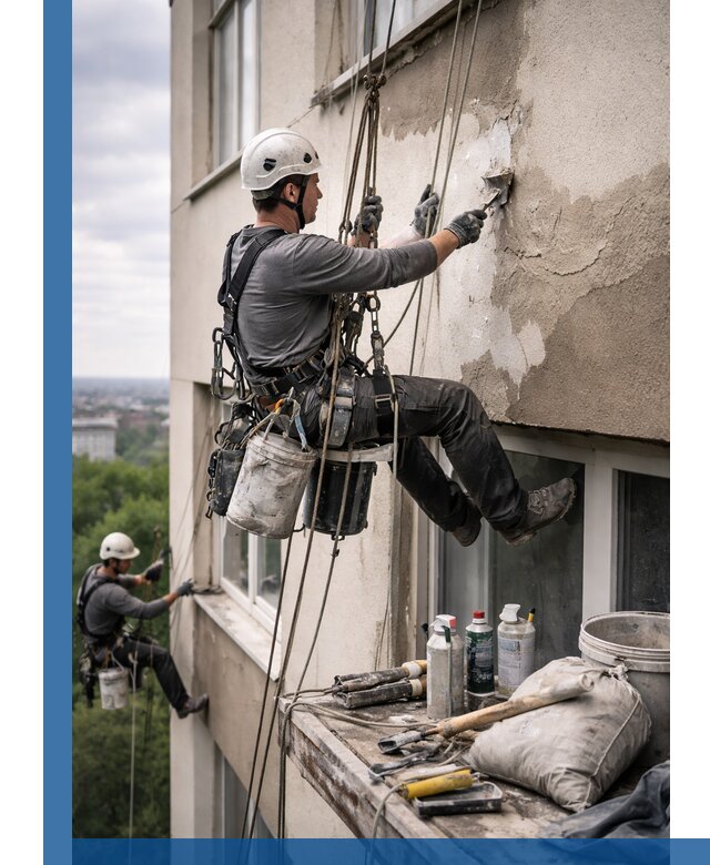 Косметический ремонт фасада зданий в Надыме промышленными альпинистами