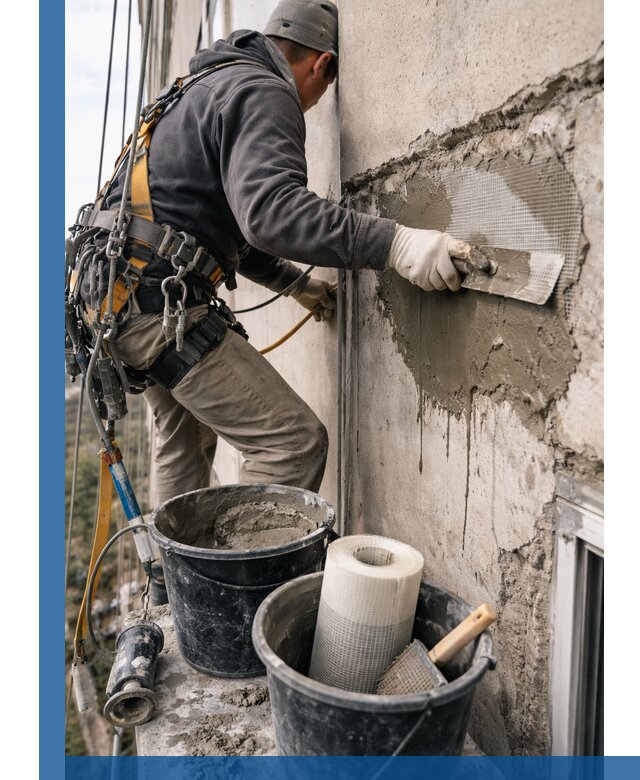 Ремонт бетонных элементов фасада промышленными альпинистами в Надыме