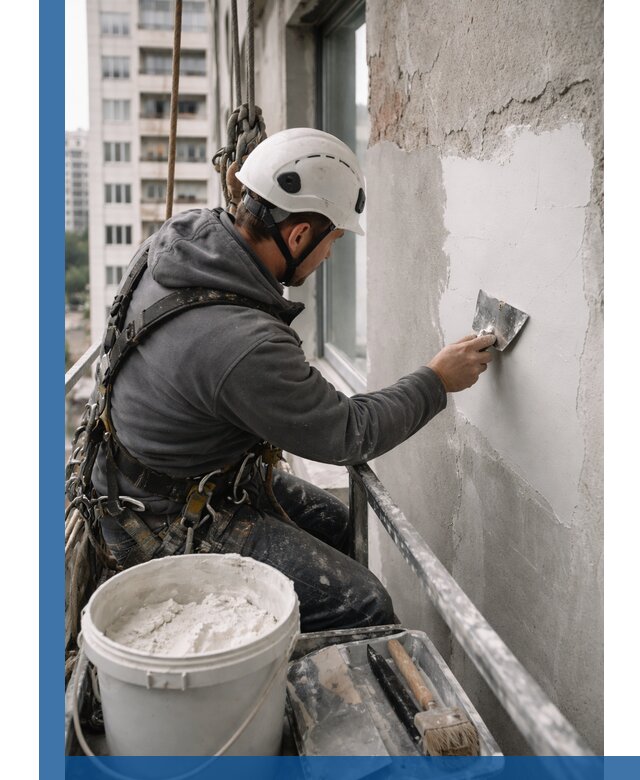 Шпаклевка фасадов на высоте с промальпинистами в Надыме