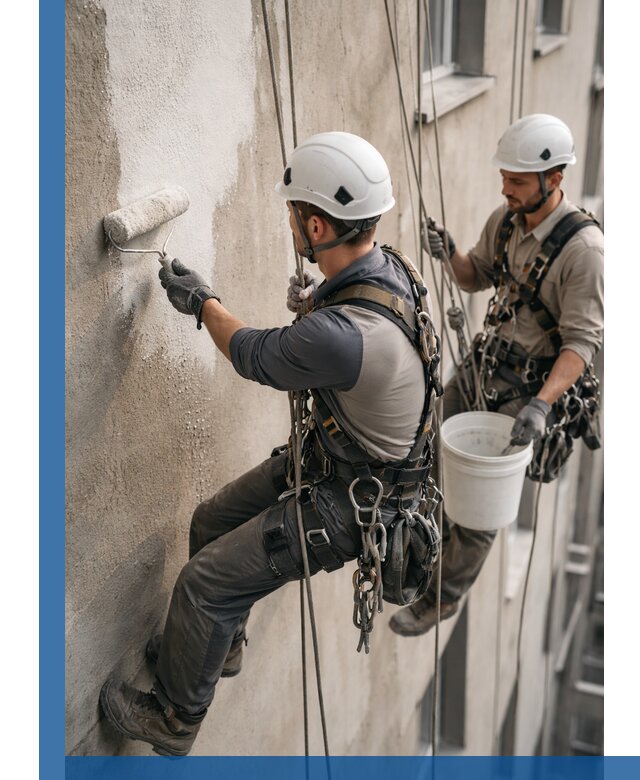 Грунтовка фасада на высоте в Надыме промышленными альпинистами