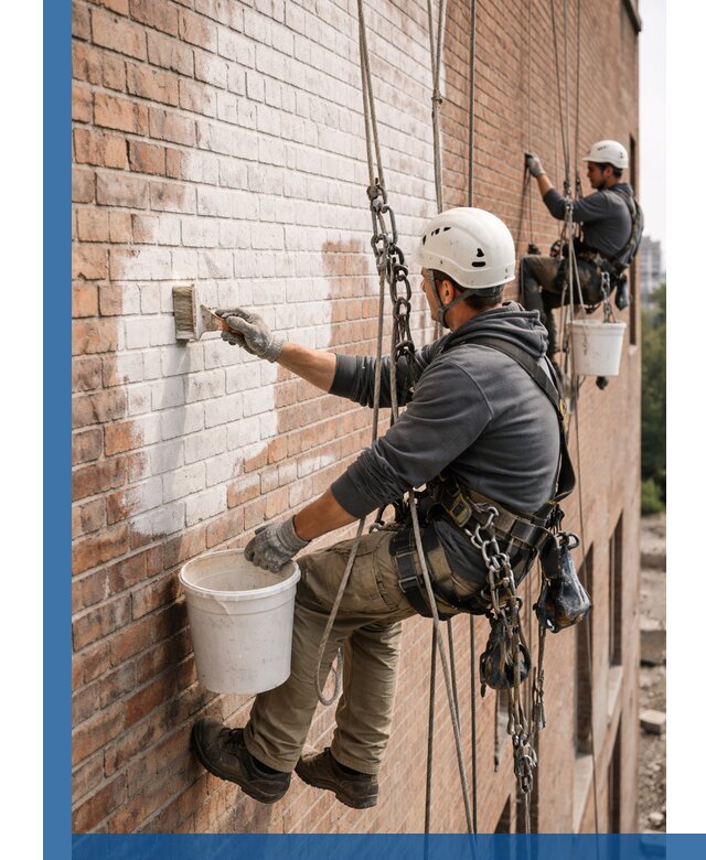 Покраска кирпичного фасада с доступным альпинистским сервисом в Надыме