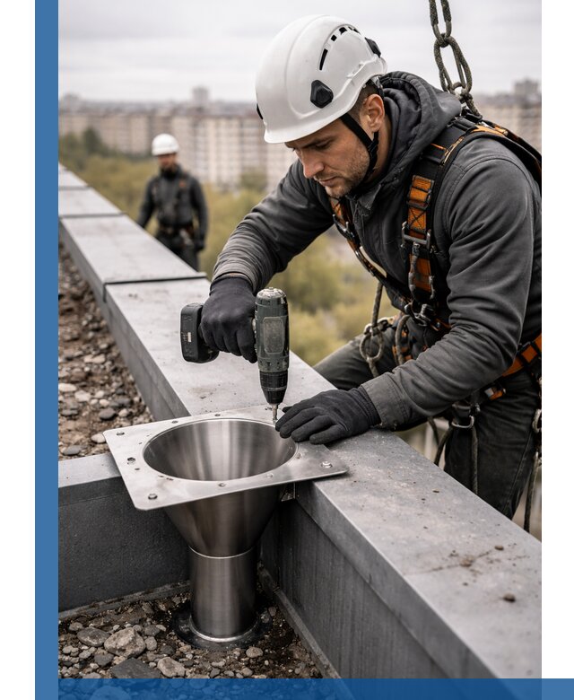 Монтаж водосточных воронок в Надыме для промышленных зданий