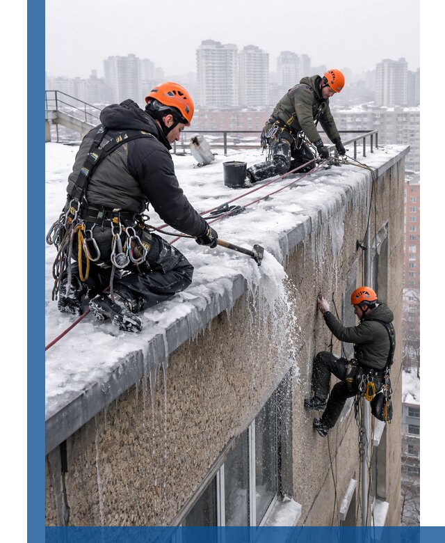 Удаление наледи с кровли в Надыме промышленными альпинистами