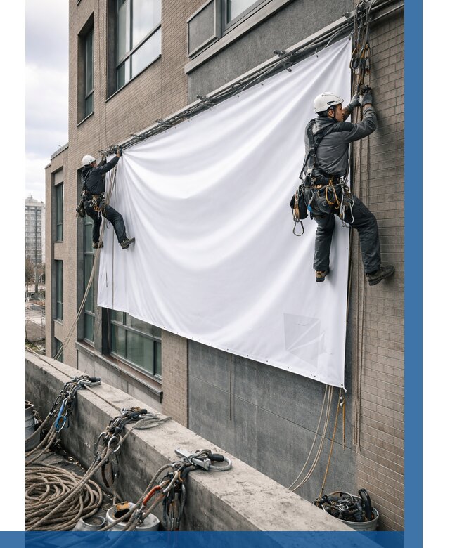 Монтаж баннеров на фасаде в Надыме от 675 р. заказать ВЫСОТНИК-Ндм