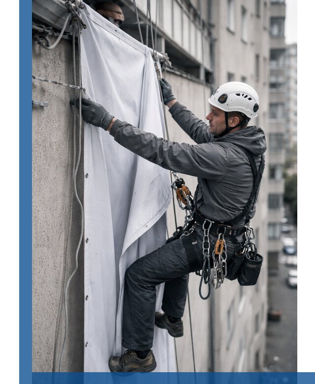 Замена баннерного полотна промышленными альпинистами в Надыме