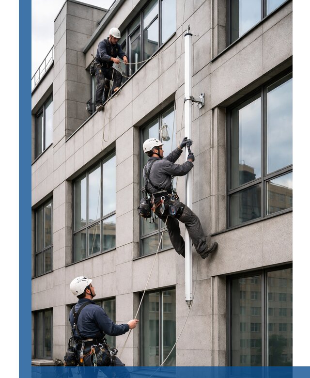Монтаж флагштока на фасаде здания с креплением и герметикой в Надыме