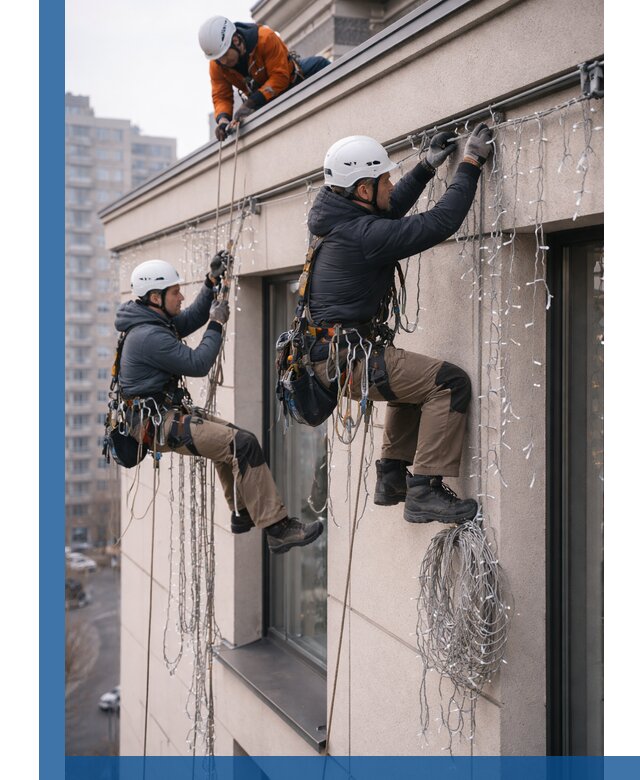 Монтаж праздничных гирлянд на фасаде в Надыме для зданий