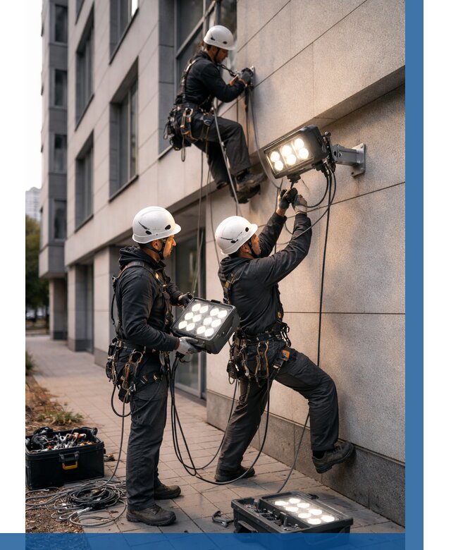 Монтаж прожекторов на фасаде в Надыме от 7784 р. | ВЫСОТНИК-Ндм