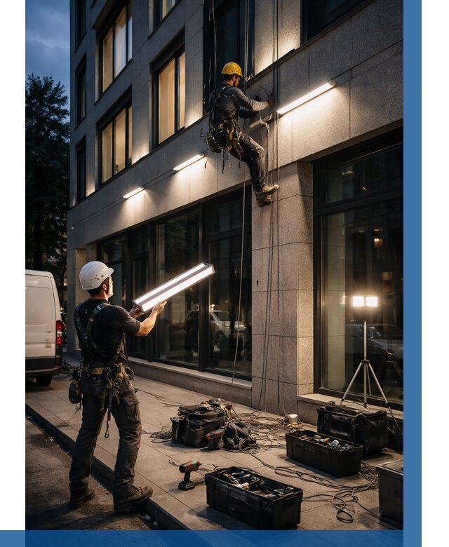 Монтаж архитектурной подсветки здания в Надыме от 2595 р.|ВЫСОТНИК-Ндм