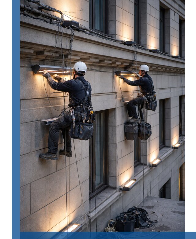 Монтаж архитектурной подсветки фасадов зданий в Надыме