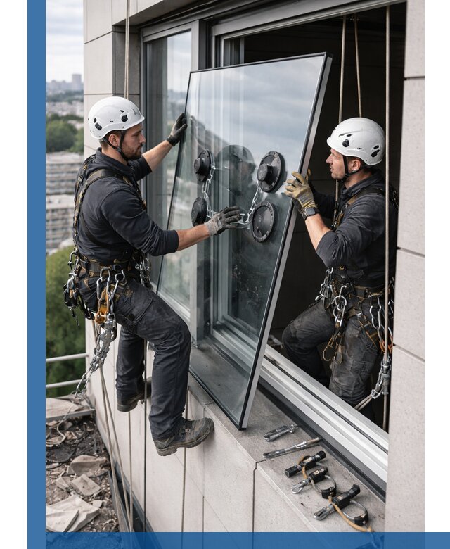 Замена стеклопакетов на высоте с промышленными альпинистами в Надыме