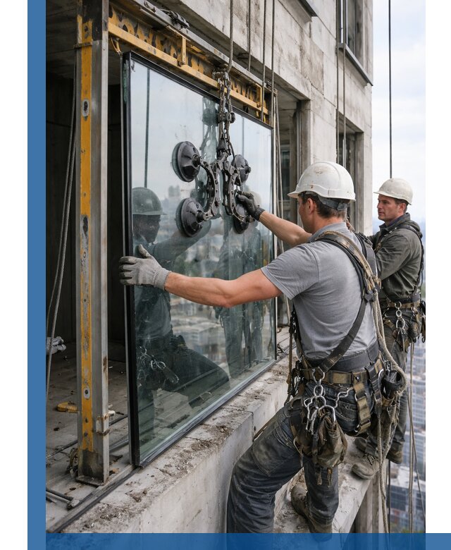 Монтаж стеклопакетов на высоте в Надыме с промышленным альпинизмом