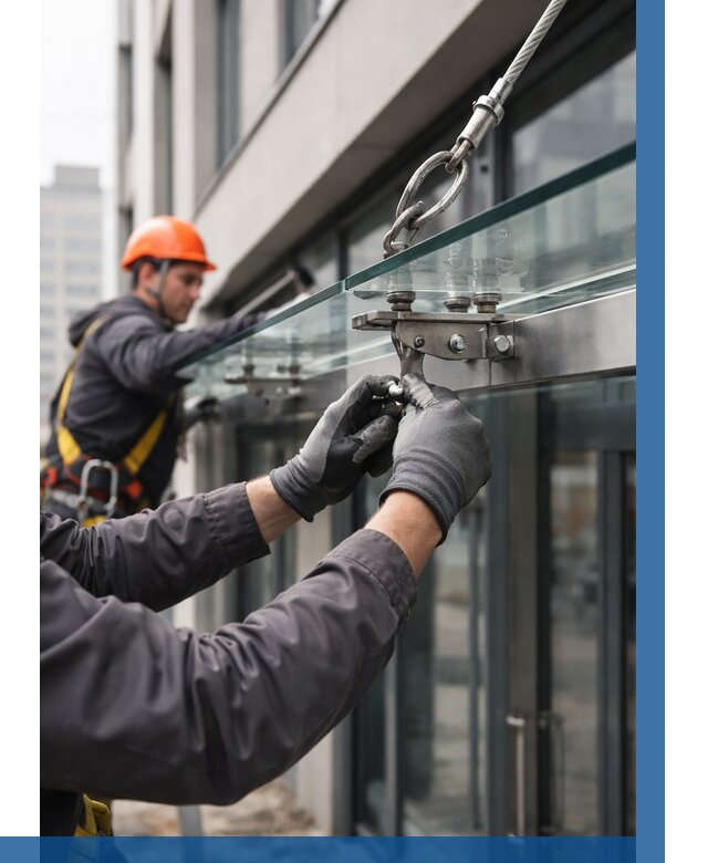 Монтаж стеклянных козырьков в Надыме от 8821 р. | ВЫСОТНИК-Ндм