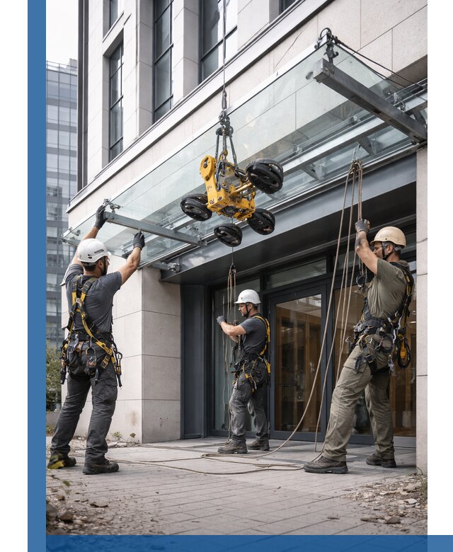 Монтаж стеклянных козырьков под ключ в Надыме для зданий