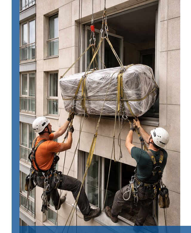 Подъем грузов через окно в Надыме промышленными альпинистами