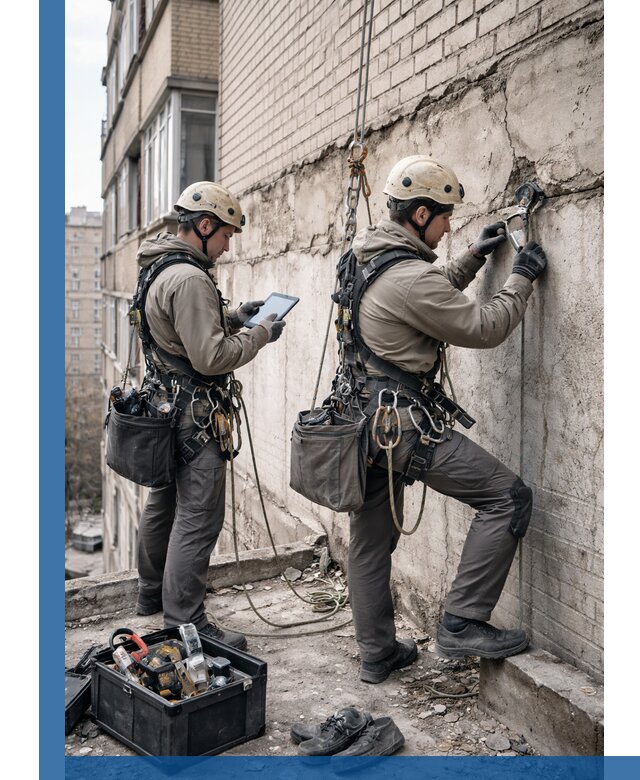 Обследование фасада промышленными альпинистами в Надыме